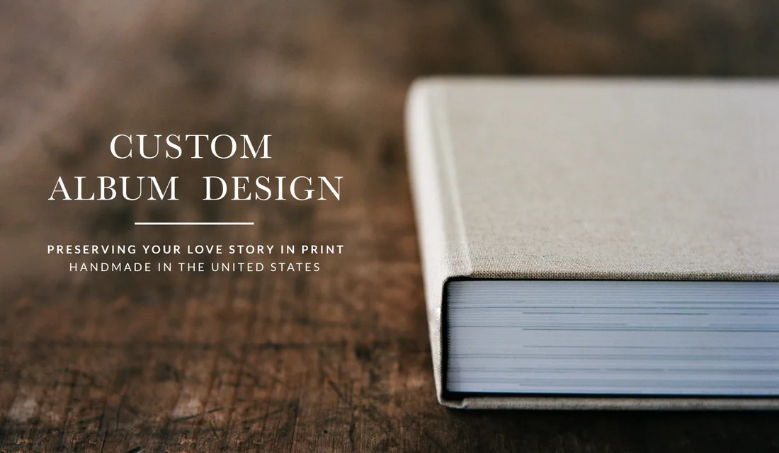 Custom wedding album with a natural linen cover on a wooden table, designed by Twisted Oaks Studio