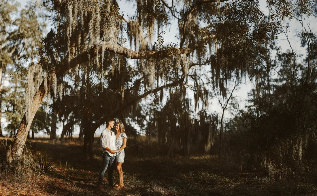 Engaged couple under oak trees draped in Spanish moss