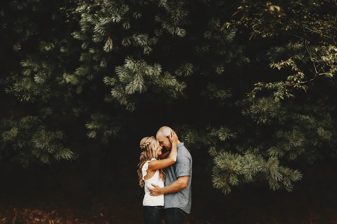 Engaged couple embracing under dark evergreen trees