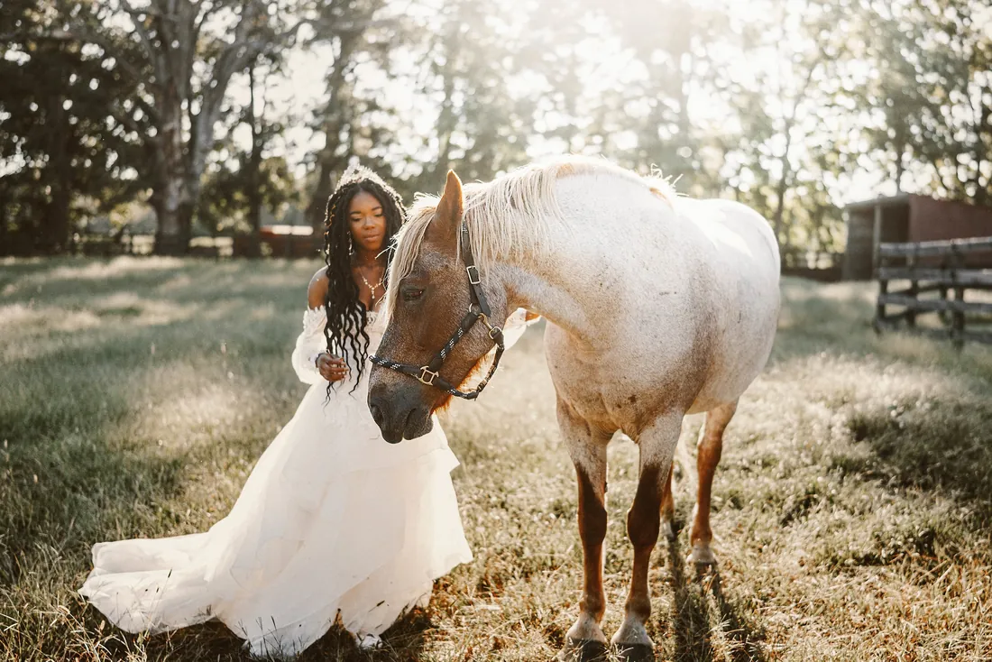 Bride walking beside a white horse in golden light