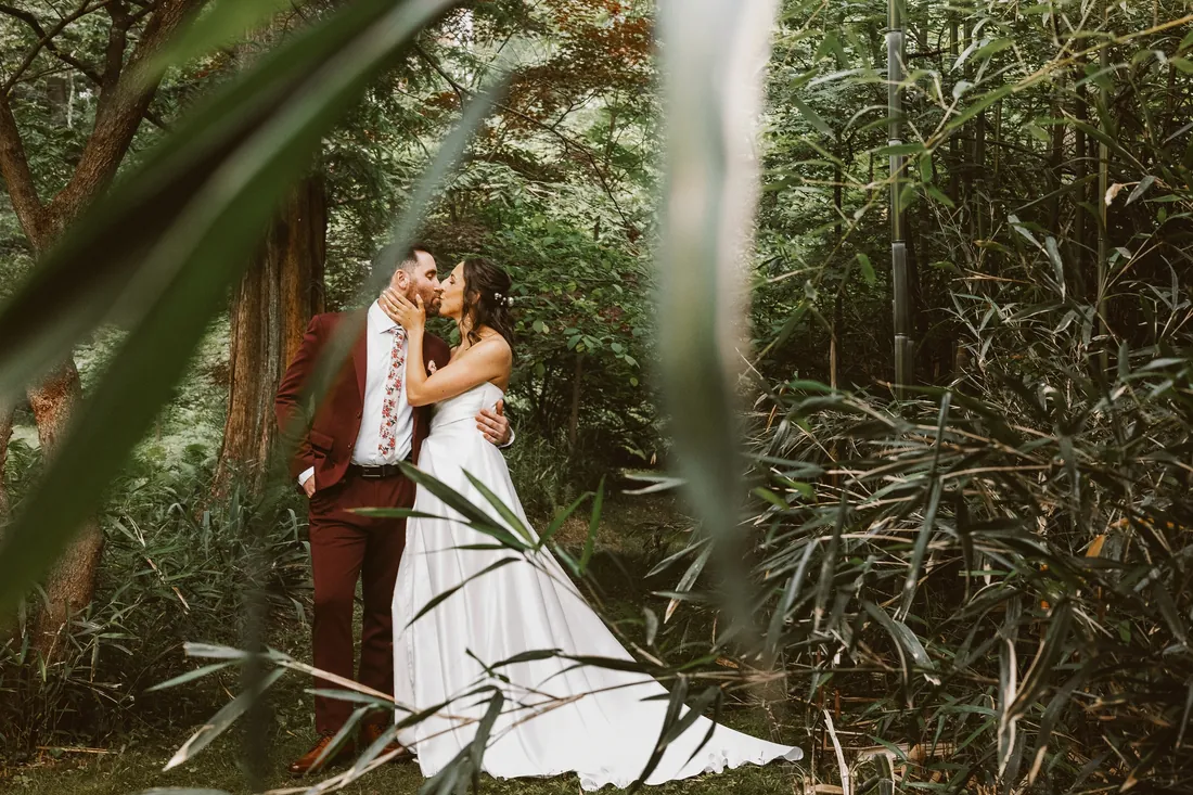 Bride and groom kissing among tall bamboo