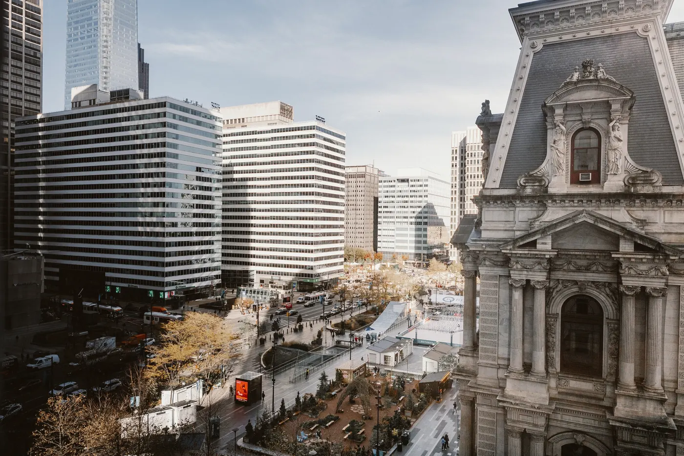 View of Philadelphia City Hall and Center City from above on the wedding morning