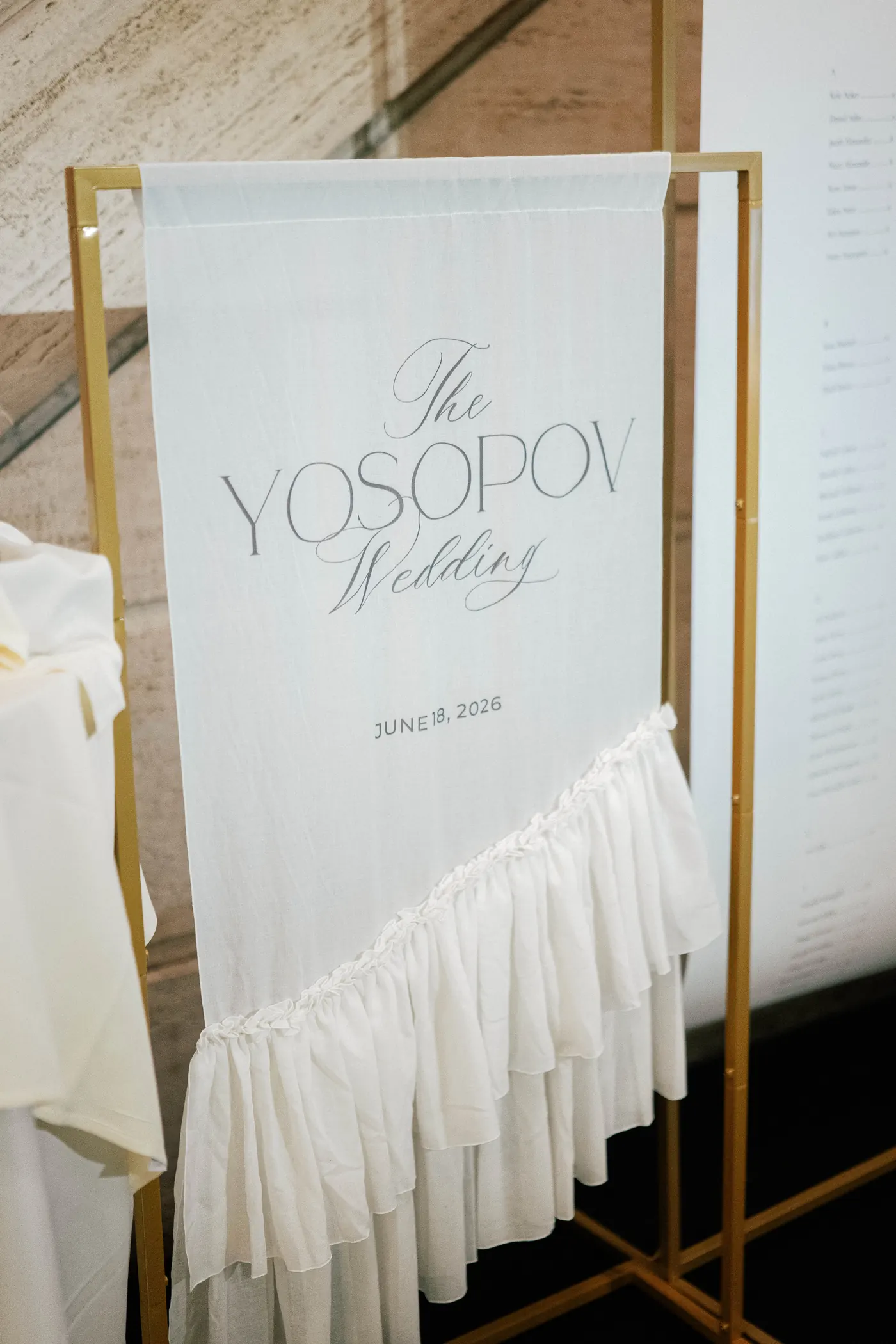 Ruffled linen welcome sign at the Union Trust wedding reception