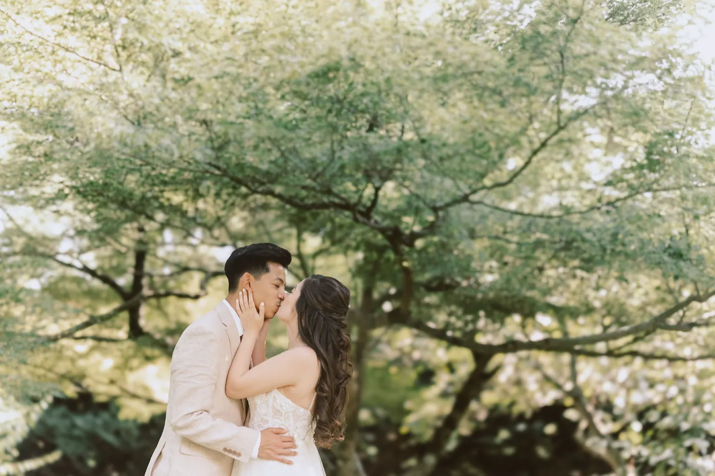 Camille and Ivan kissing beneath the spreading branches of a garden tree