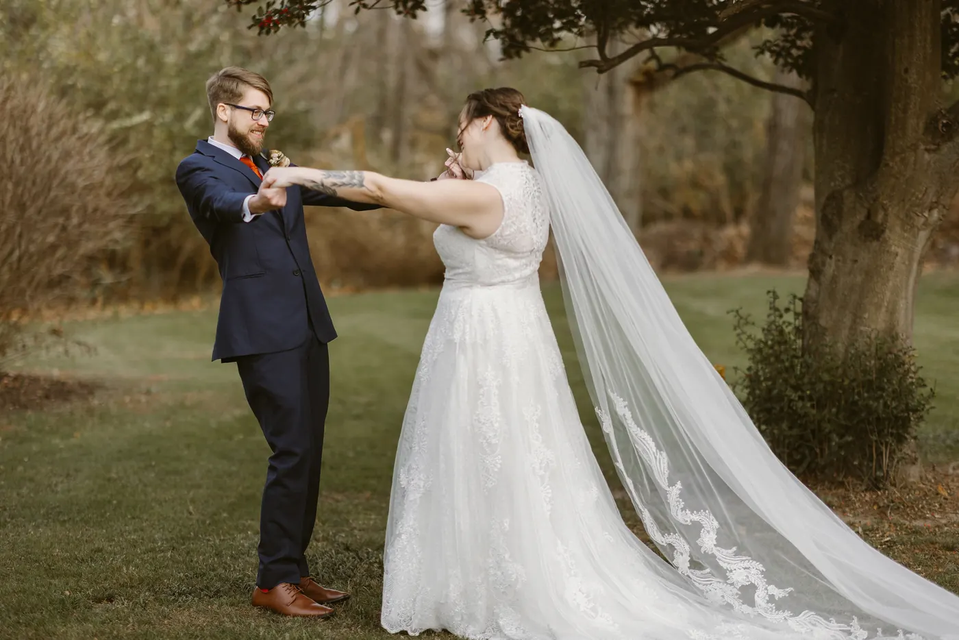 Jimmy and Kelsey dancing together on the lawn right after their first look