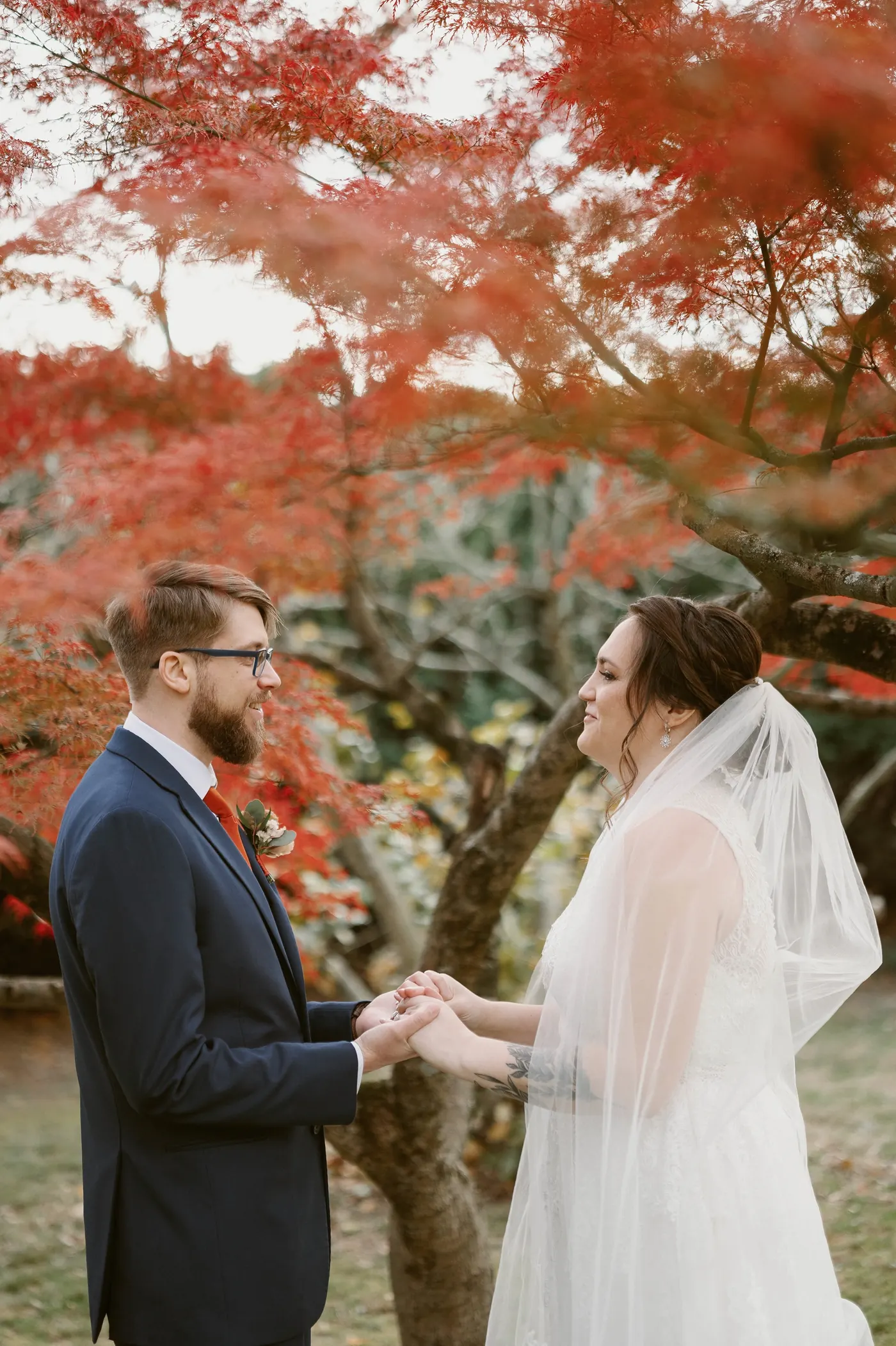 Jimmy and Kelsey holding hands beneath the red Japanese maple