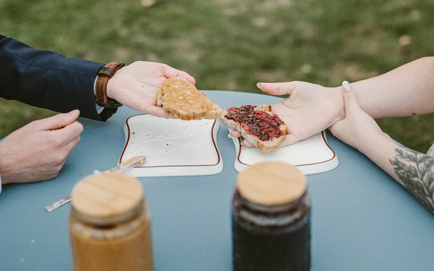 Close-up of the peanut butter and jelly halves coming together