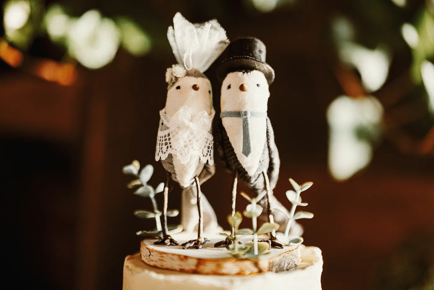 A handmade bride and groom bird cake topper